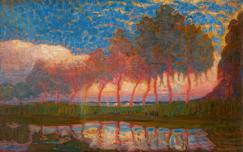 Gem&auml;lde von Piet Mondrian, das elf Pappeln entlang der Uferpromenade in Rot- und Blaut&ouml;nen zeigt.