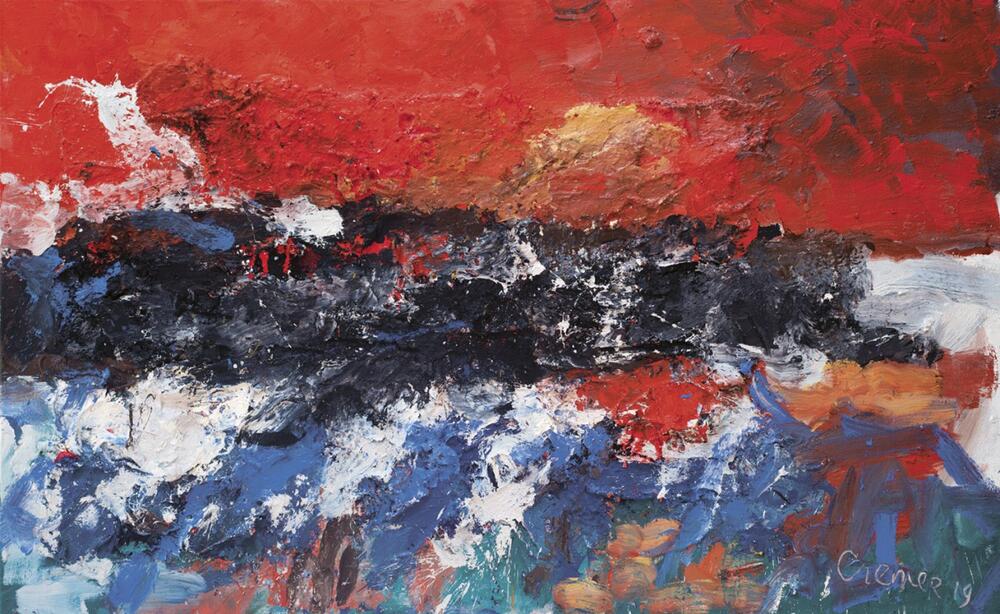 Gem&auml;lde von Jan Cremer in Rot, Schwarz und Blau.