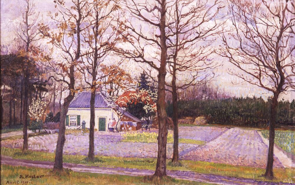 Gem&auml;lde von Jo Koster, das ein von B&auml;umen umgebenes H&auml;uschen in Violett-T&ouml;nen zeigt.