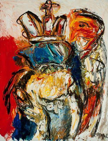 Ein abstraktes Gem&auml;lde von Karel Appel in Blau und Rot. Oben ist eine Krone aufgemalt.