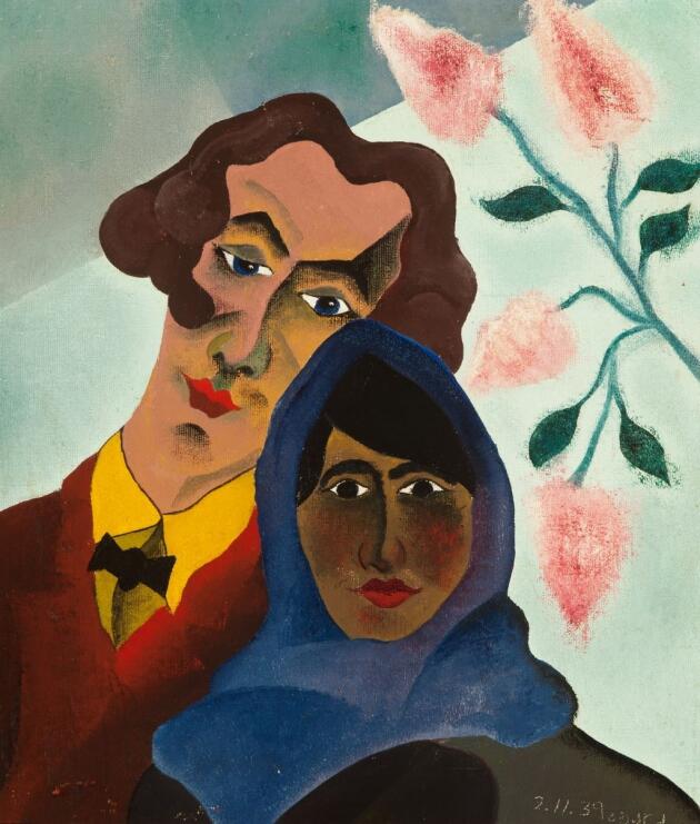 Ein Gem&auml;lde eines wei&szlig;en Mannes und einer dunkelh&auml;utigen Frau mit Kopftuch, die eng beieinander stehen. Das Portr&auml;t ist in einem illustrativen Stil mit hellen Farben und Blumen gemalt.