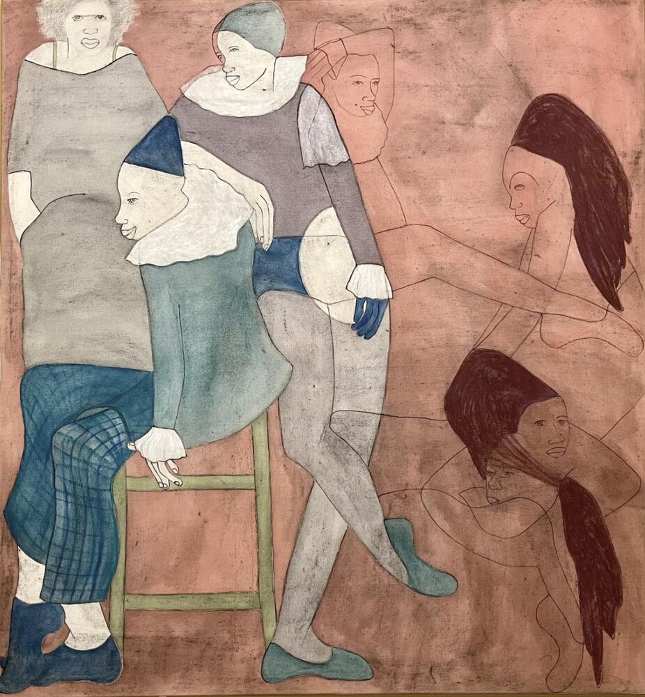 Ein vertr&auml;umtes und theatralisches Gruppenportr&auml;t von mindestens sieben melancholischen Figuren vor einem warmen, altrosa Hintergrund. Die Komposition wechselt von konkret und farbig auf der linken Seite zu transparent und schwebend auf der rechten Seite.