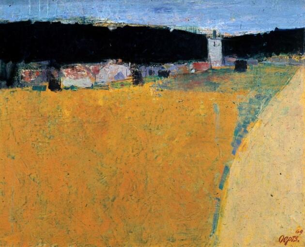 Een schilderij van Wim Oepts van een landschap met kleurvlakken in oranje, geel en blauw.