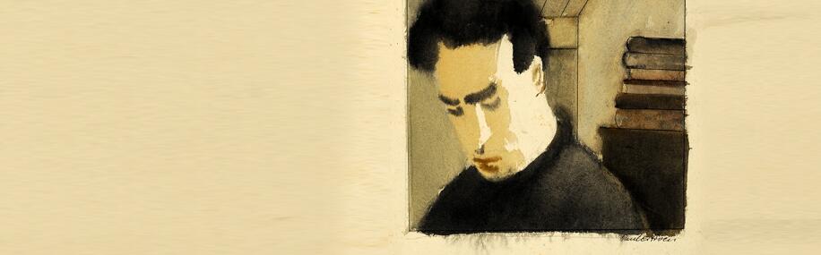 Schilderij van Paul Citroen, een mannelijk figuur kijkt naar beneden met een bedrukte uitdrukking.
