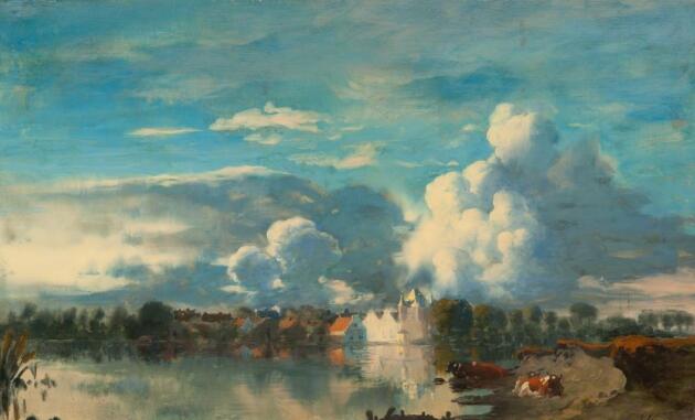 Ein Landschaftsgem&auml;lde mit blauem Himmel und wei&szlig;en Wolken.