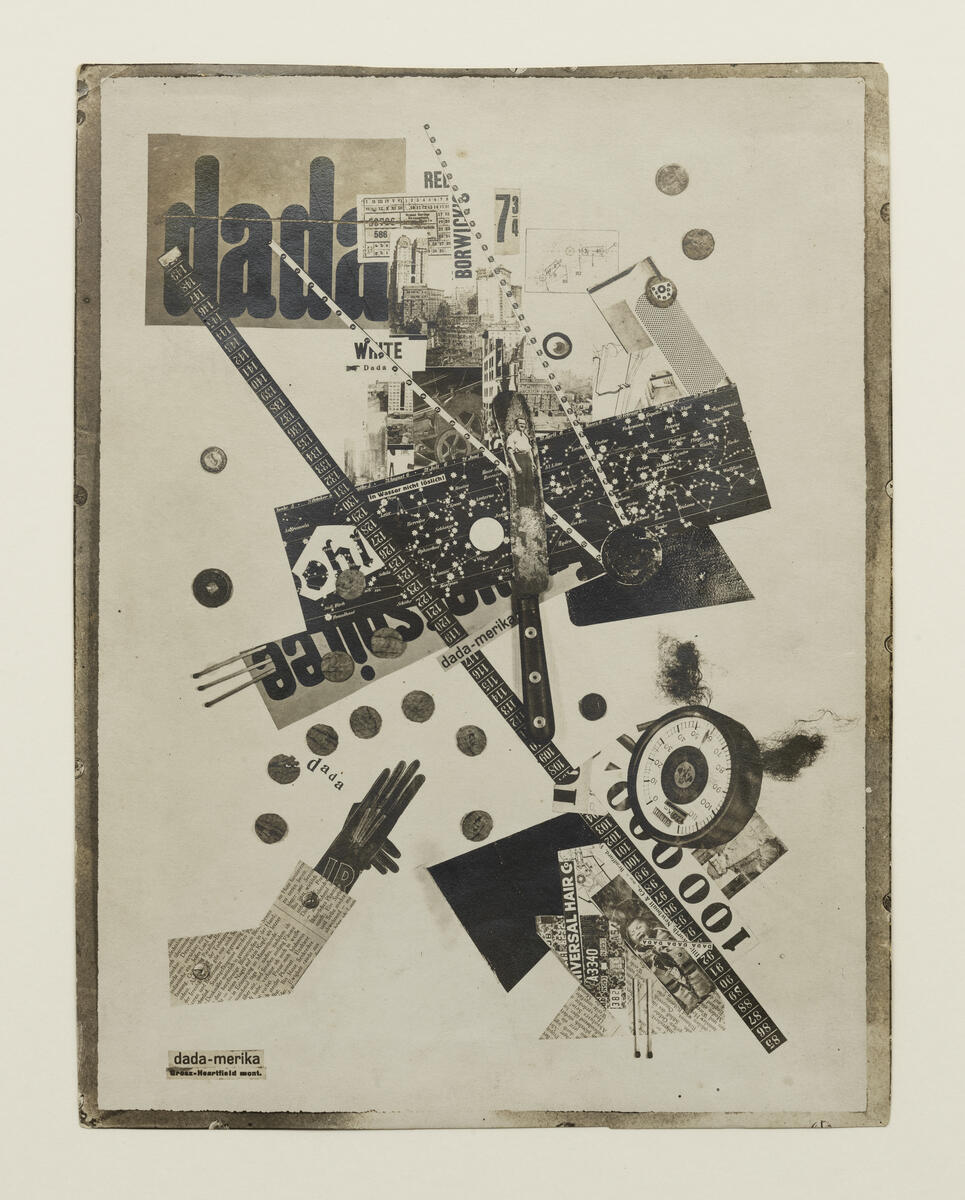 Eine Collage in Schwarz und Wei&szlig; mit verschiedenen Fragmenten, darunter das Wort Dada.