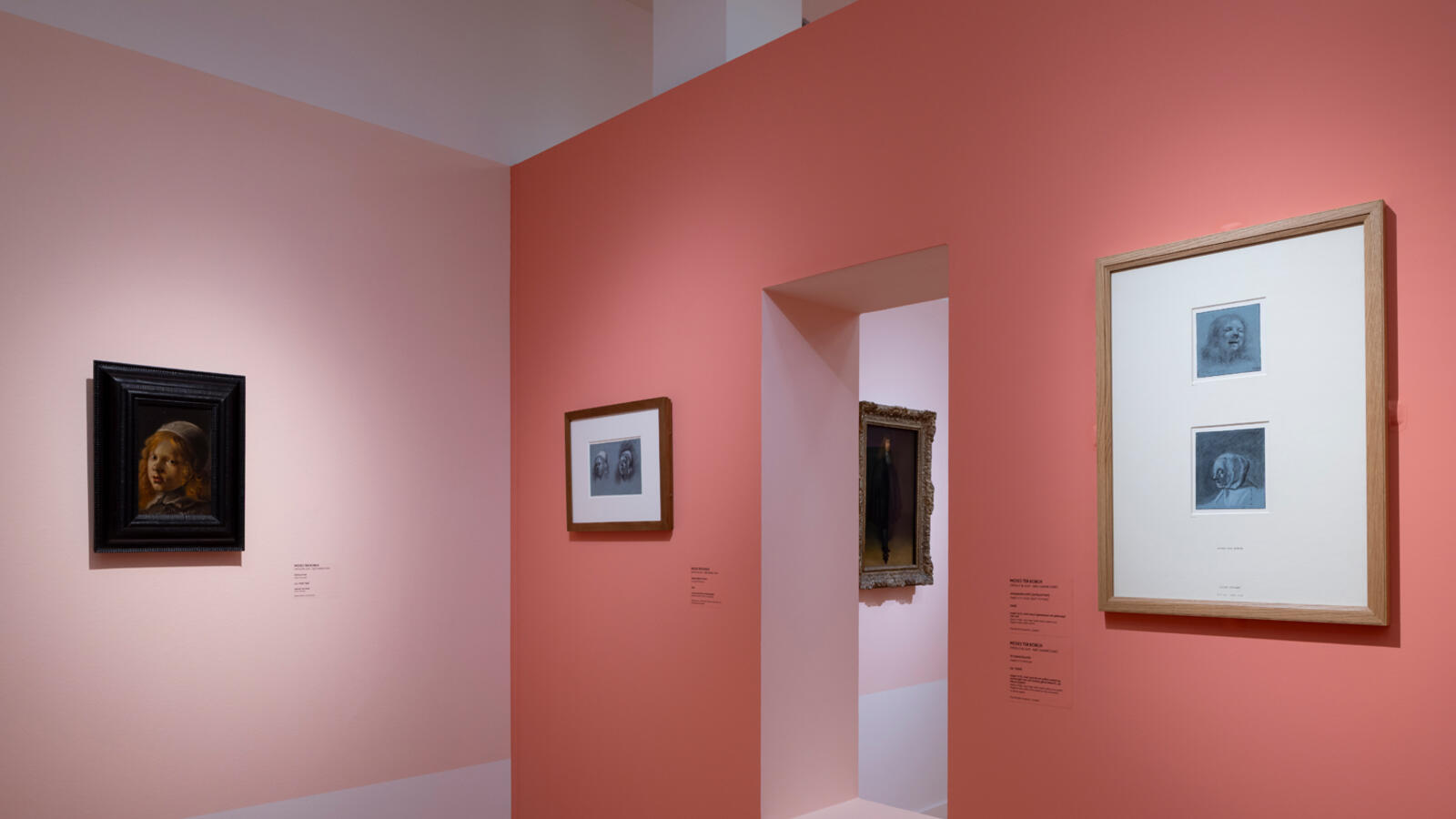 Er staat een knalroze muur in de ruimte met een doorkijkje. De andere muur is lichtroze. Op de muren hangen kleine portretten en tekeningen van familie Ter Borch.