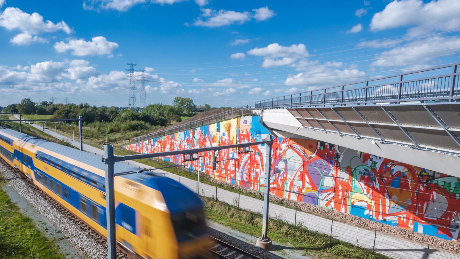 Een trein rijdt langs onder een spoortunnel waar een kleurrijke muurschildering te zien.