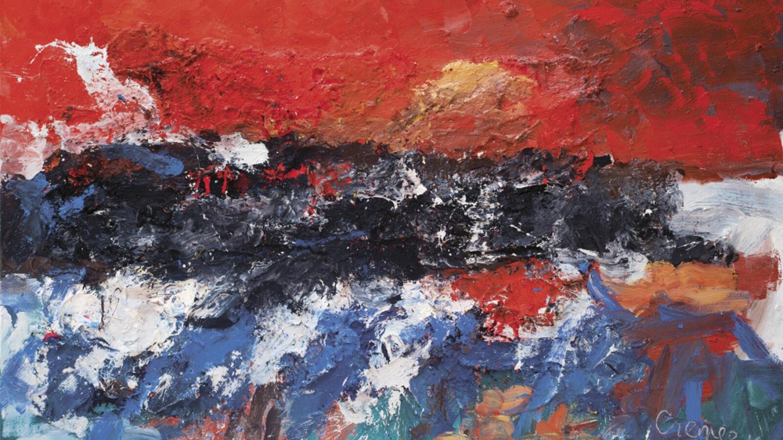 Schilderij van Jan Cremer met rood, zwart en blauw.