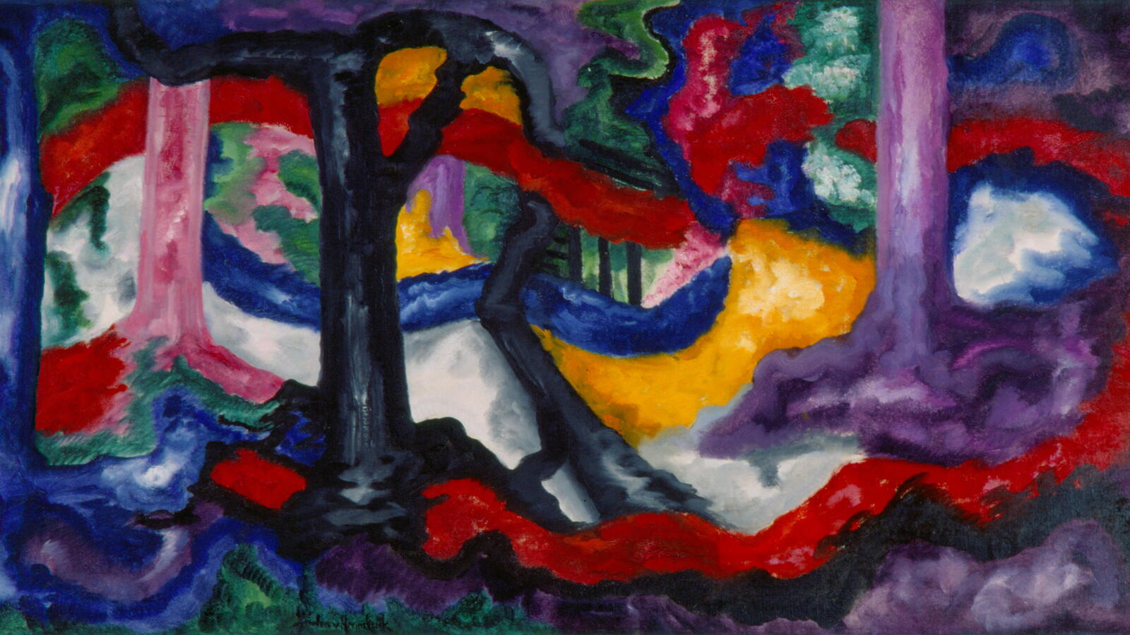 Een abstract kunstwerk met organische vormen. Er is veel kleurgebruik zoals rood, geel, zwart, paars, blauw en wit