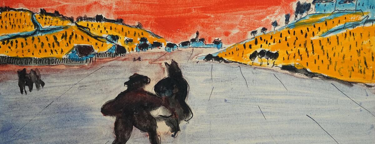 Horizontaal kunstwerk vanvMarianne von Werefkin, Landschap met rode wolken, gouache & aquarel & inkt met twee silhouetten op de voorgrond en gele bergen aan de zijkanten.